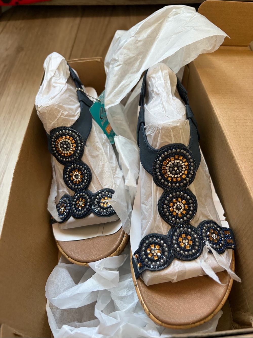 Skechers Black Beaded Platform Sandals with Gold Accents